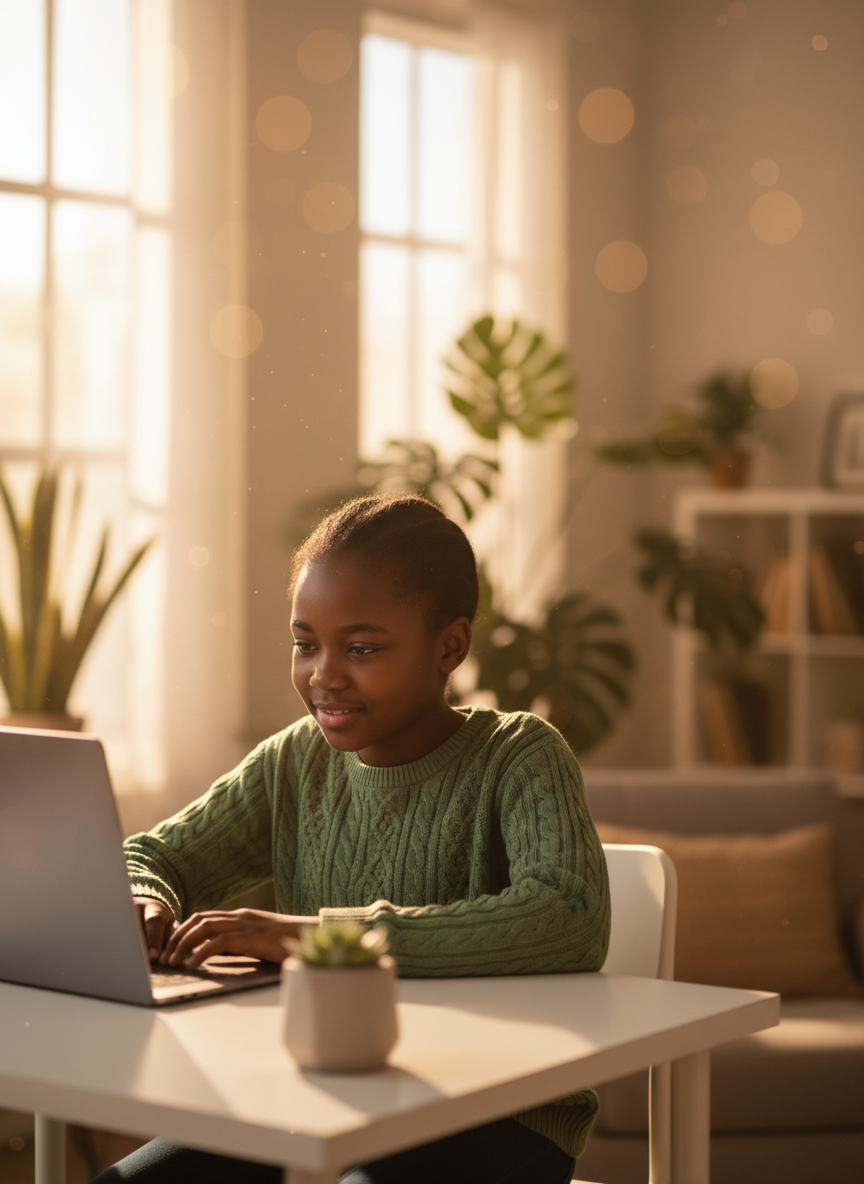 Young student engaged in online learning at a sunlit desk
